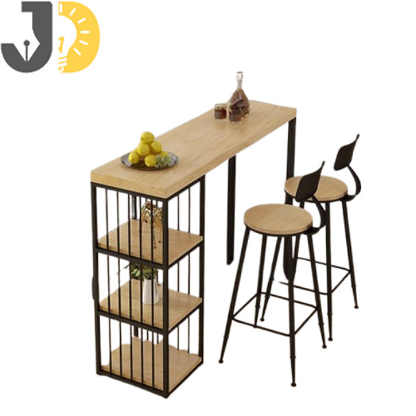 طقم طاولة بار خشب ومعدن مع كرسيين ورفوف جانبية للمطبخ
Wood and metal bar table set with 2 stools and side shelves for kitchen