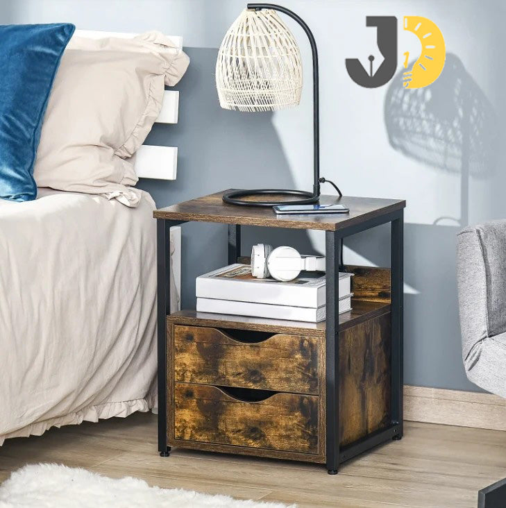 طاولة سرير خشبية معدنية بدرجين بتصميم صناعي بجانب السرير
Industrial wood and metal bedside table with two drawers beside a bed