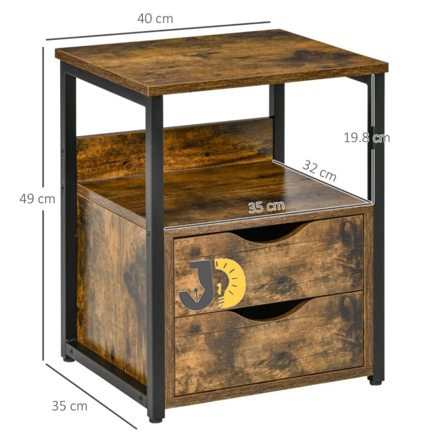 طاولة سرير خشبية معدنية بدرجين بتصميم صناعي بجانب السرير
Industrial wood and metal bedside table with two drawers beside a bed