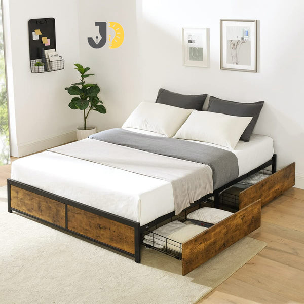 سرير أنيق يجمع بين الخشب والمعدن مع أدراج تخزين عملية لتوفير المساحة – أضف لمسة عصرية لغرفتك اليوم.
Elegant wood & metal bed with spacious storage drawers – bring smart style to your bedroom today.