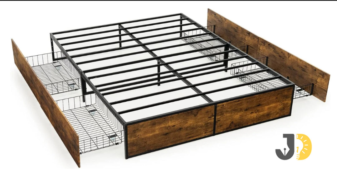 سرير أنيق يجمع بين الخشب والمعدن مع أدراج تخزين عملية لتوفير المساحة – أضف لمسة عصرية لغرفتك اليوم.
Elegant wood & metal bed with spacious storage drawers – bring smart style to your bedroom today.