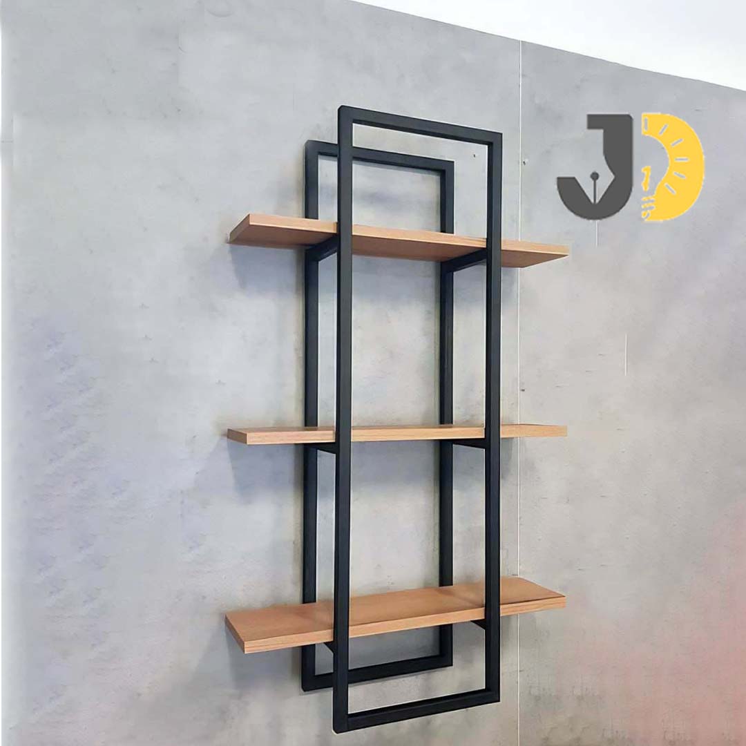 رف جداري معدني أسود بثلاثة رفوف خشبية عصرية | Modern Black Metal Wall Shelf with Three Wooden Tiers