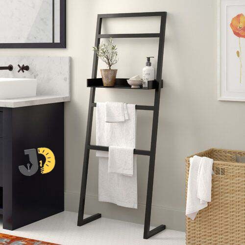 حامل مناشف معدني أسود مع رف علوي للحمام
Black metal freestanding towel rack with top shelf for bathroom