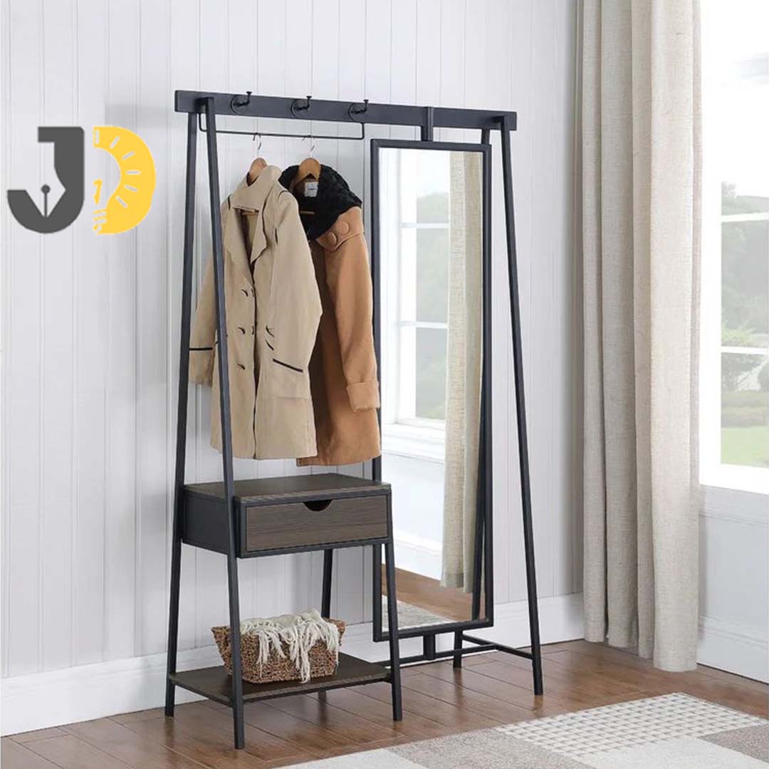 Metal Frame Coat Rack with Mirror & Drawer