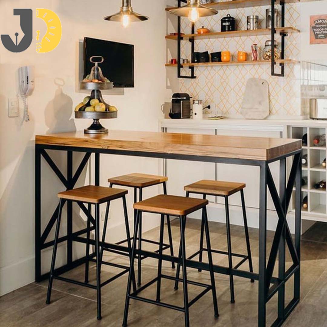 Industrial Wood and Metal Bar Table Set with 4 Stools