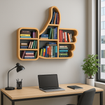 Load image into Gallery viewer, رف جداري خشبي على شكل إبهام فوق مكتب حديث لتنظيم الكتب
Thumbs-up wooden wall shelf above modern desk organizing books
