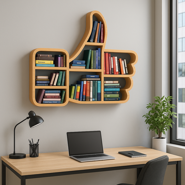 رف جداري خشبي على شكل إبهام فوق مكتب حديث لتنظيم الكتب
Thumbs-up wooden wall shelf above modern desk organizing books