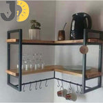 Load image into Gallery viewer, Wood and Metal Corner Wall Shelf with Hooks for Kitchen
