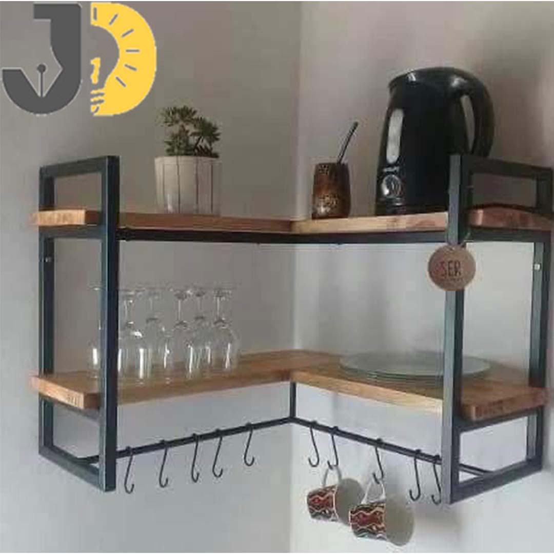 Wood and Metal Corner Wall Shelf with Hooks for Kitchen