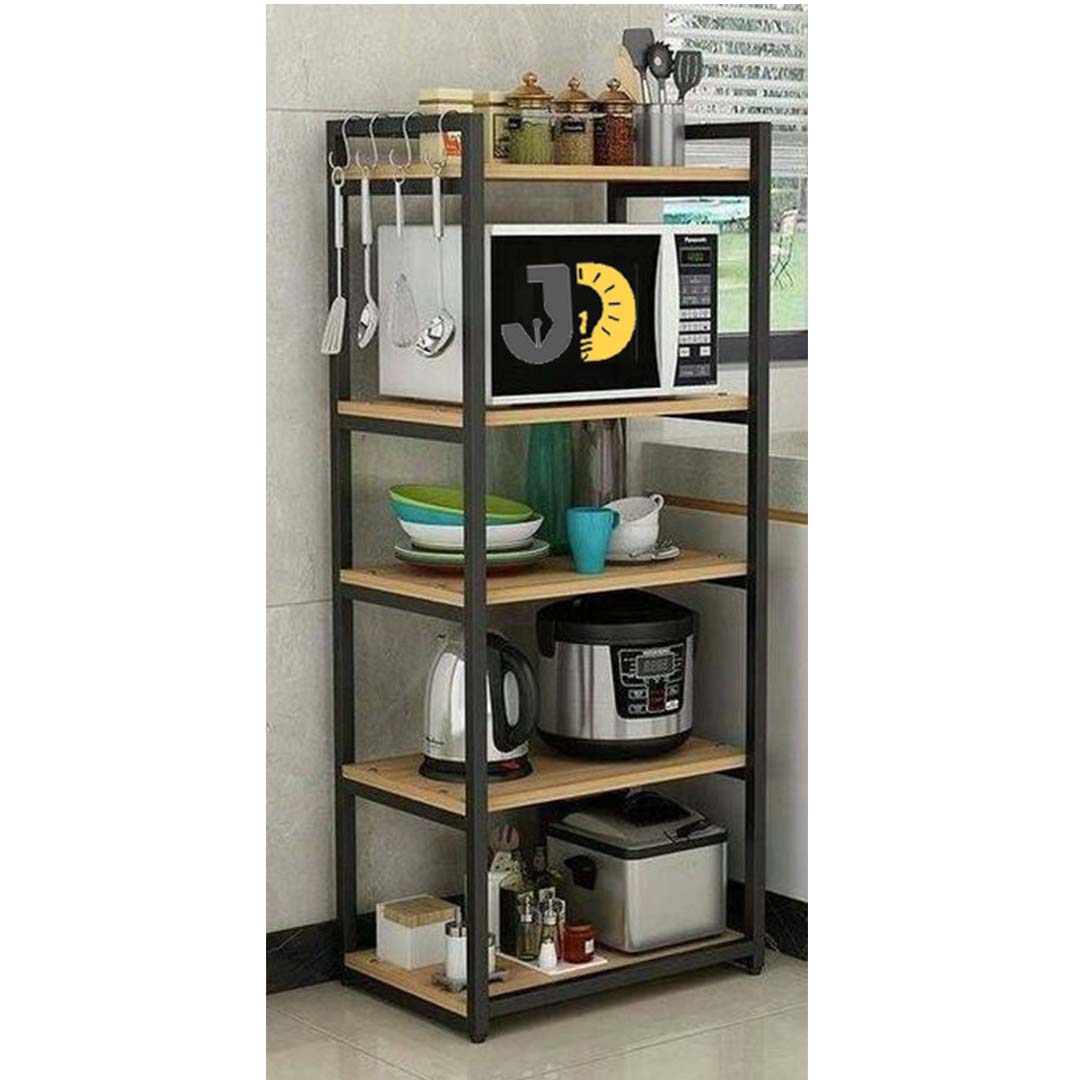 Wood and Metal Multi-Tier Kitchen Shelf with Hooks