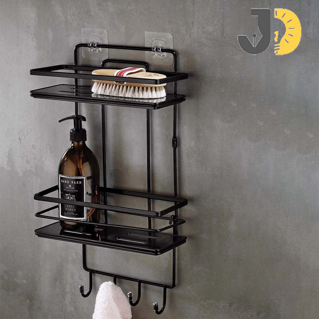 Black Metal 2-Tier Shower Wall Rack with Hooks