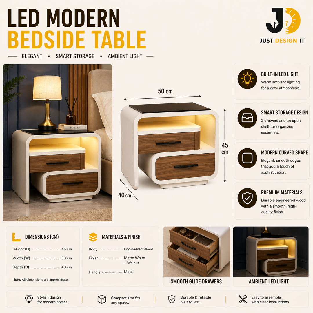 Modern Wooden Bedside Table with LED Light – Elegant Contemporary Design