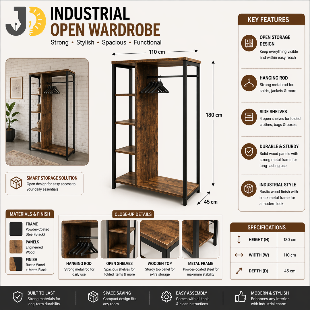 Industrial Open Wood & Metal Wardrobe