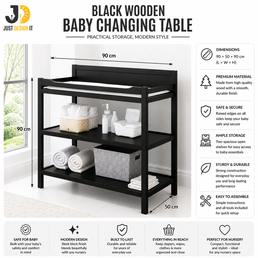 Black Wooden Baby Changing Table with Shelves