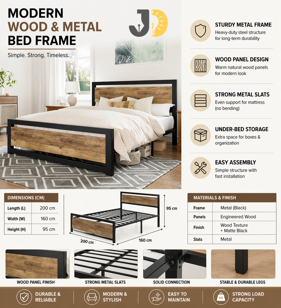 Modern Wood & Metal Bed Frame – Durable and Stylish