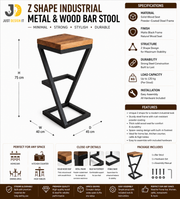 Z Shape Industrial Metal & Wood Bar Stool