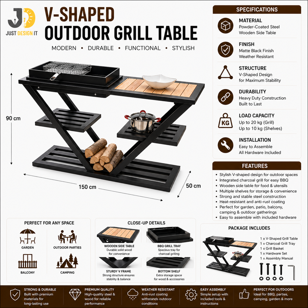 V-Shaped Outdoor Grill Table with Shelves