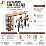 Load image into Gallery viewer, Wood and Metal Bar Table Set with Side Shelves and 2 Stools