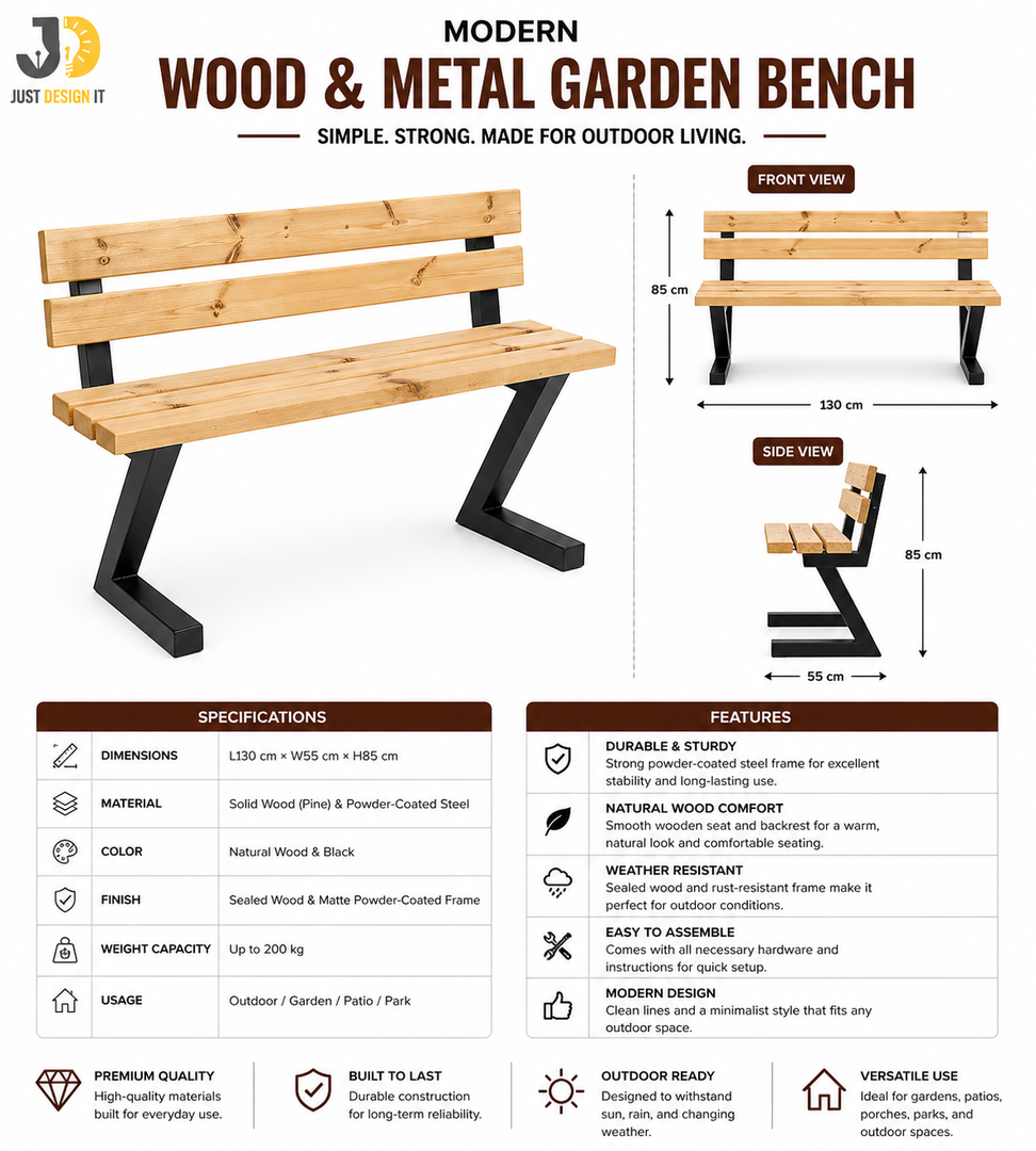 Modern Wood & Metal Garden Bench