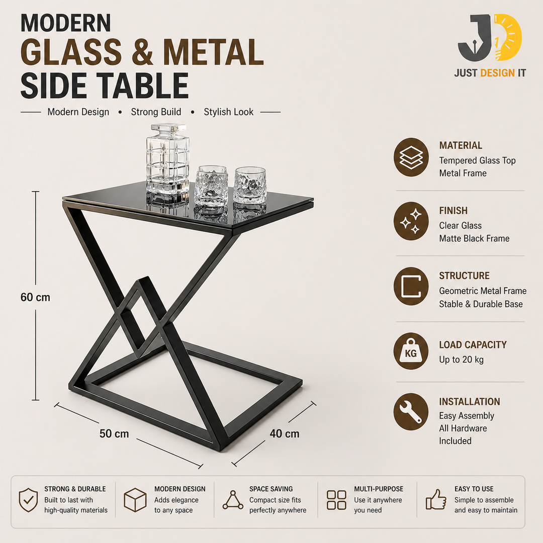 Modern Geometric Glass and Metal Side Table