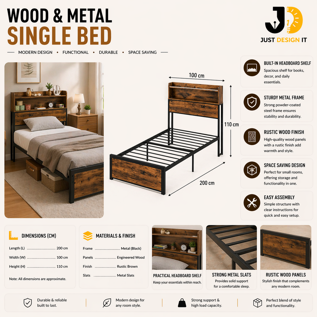 Wood & Metal Single Bed with Headboard Shelf – Modern Functional Design