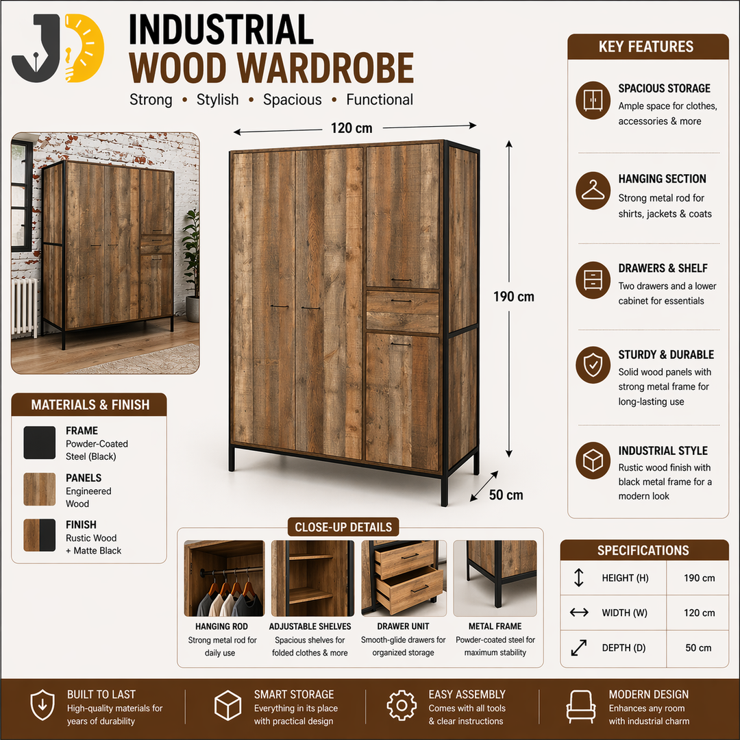 Industrial Wood Wardrobe with Metal Frame
