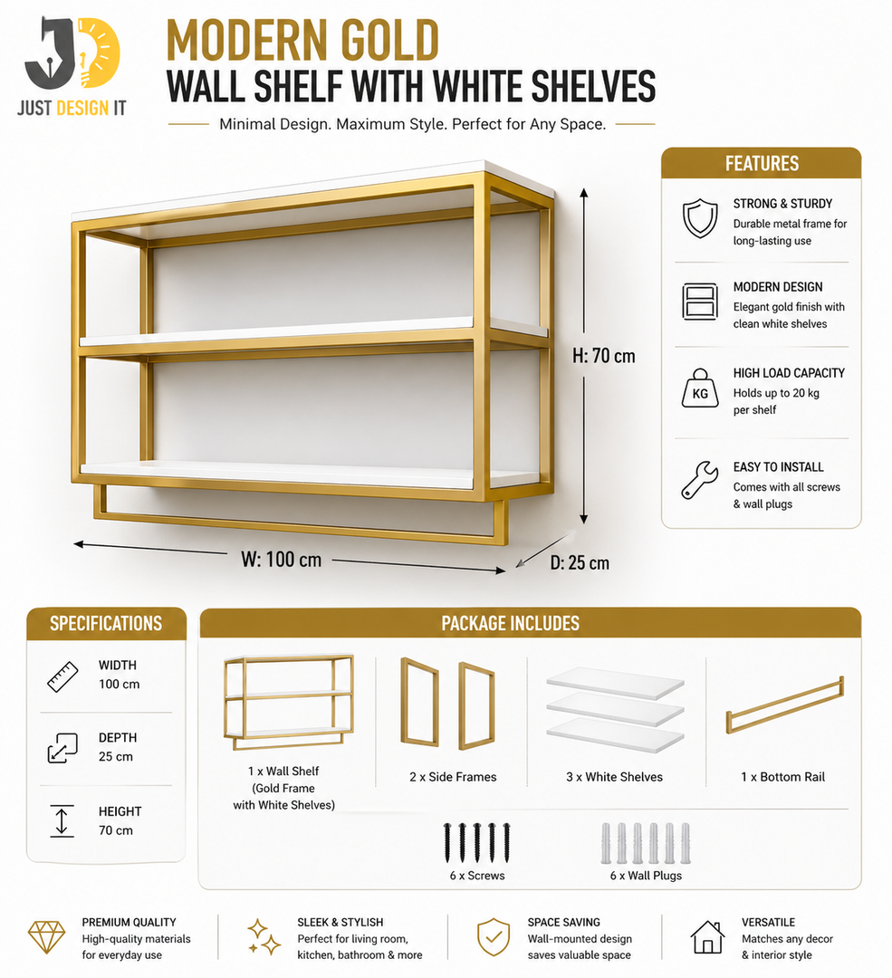 Modern Gold Wall Shelf with White Shelves