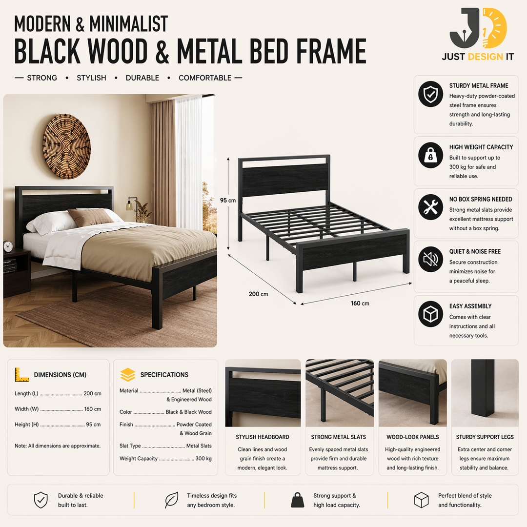 Black Wood & Metal Bed Frame – Modern Minimalist Design