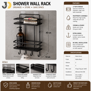 Black Metal 2-Tier Shower Wall Rack with Hooks