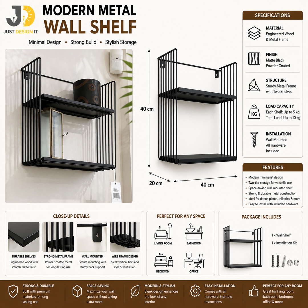 Modern Black Metal Wall Shelf with Two Wire Frame Tiers