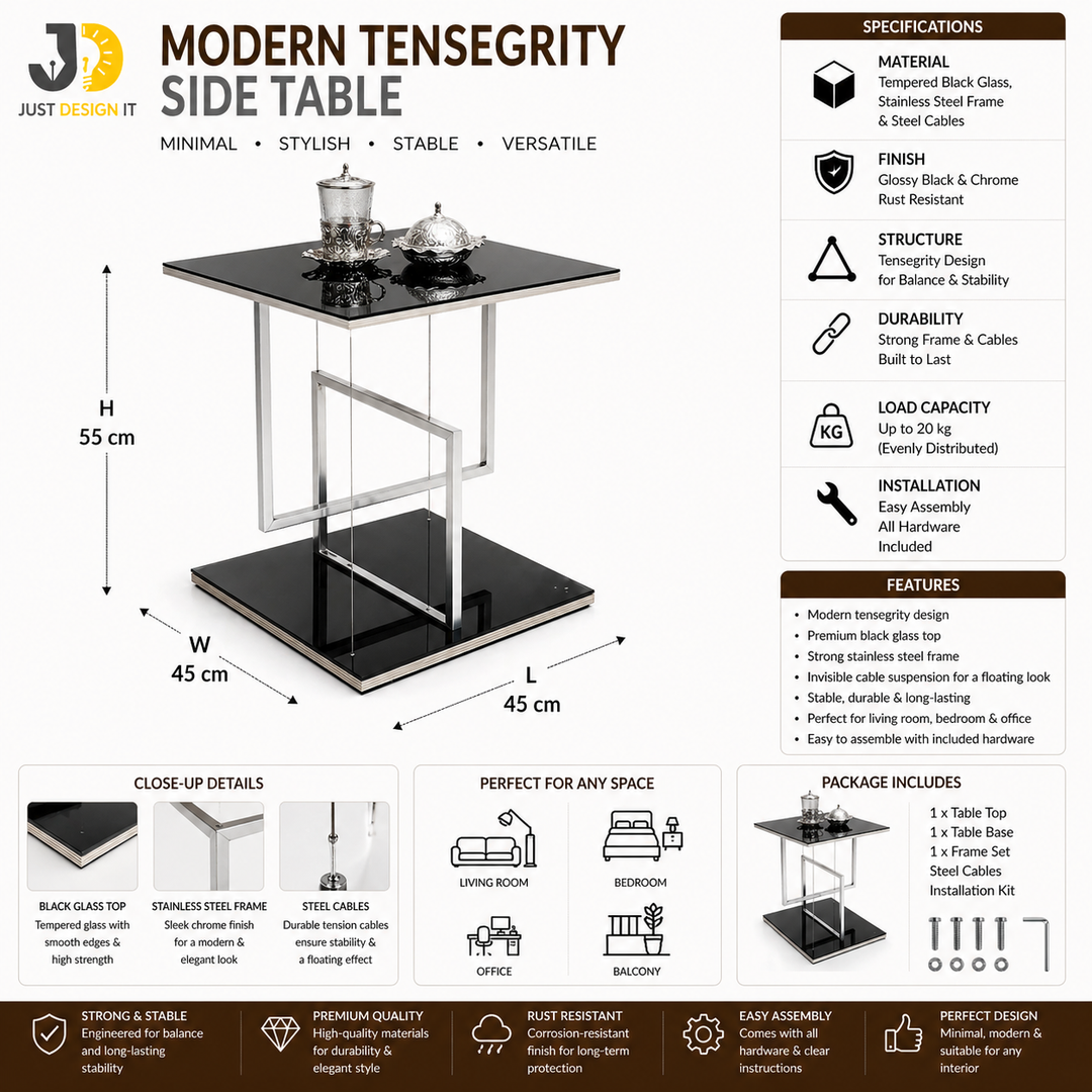 Modern tensegrity table with Black Glass and Metal Frame