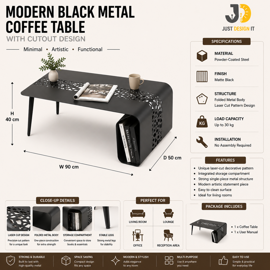 Modern Black Metal Coffee Table with Cutout Design