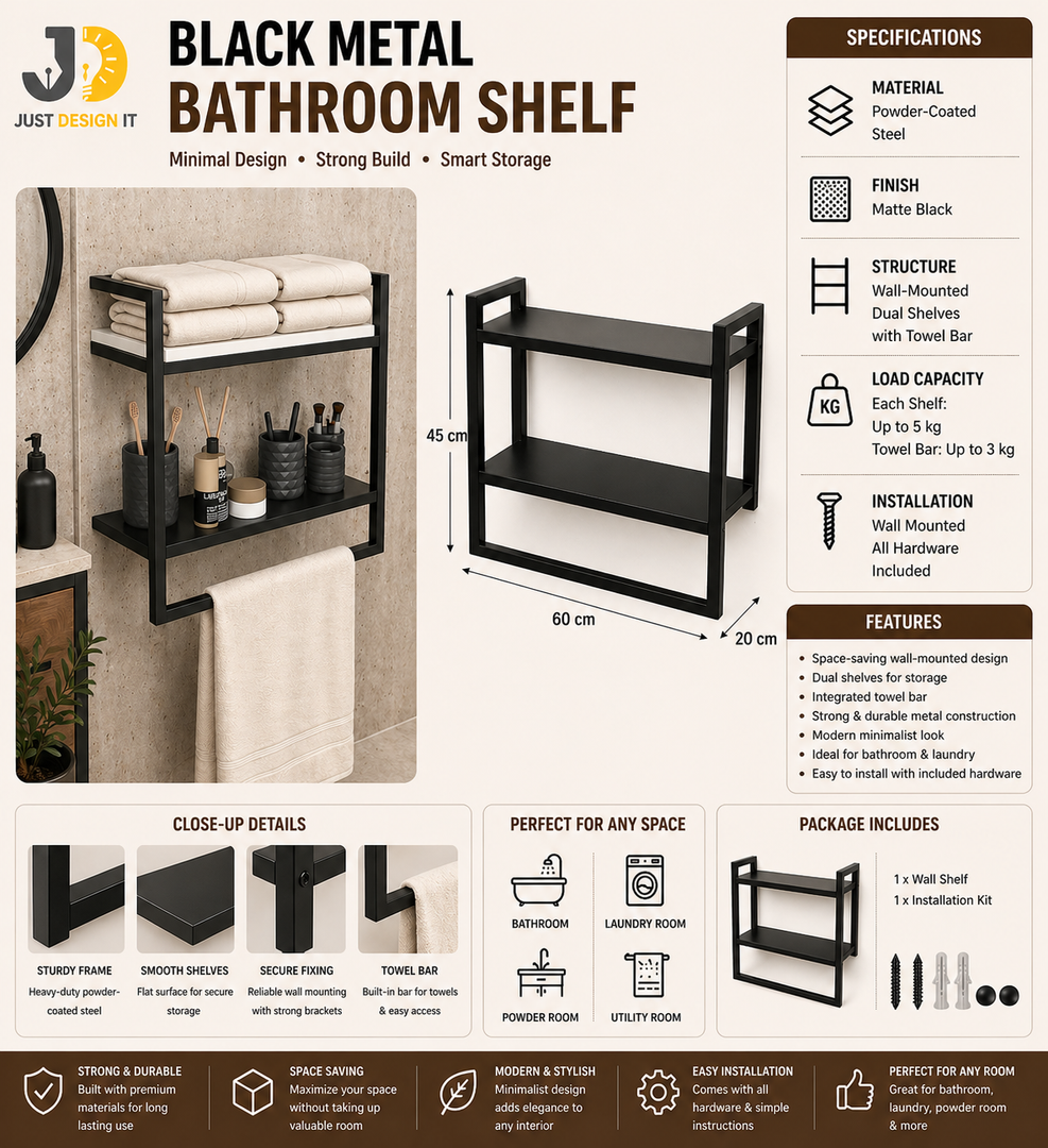 Black Metal Wall-Mounted Bathroom Shelf with Dual Racks for Towels & Accessories
