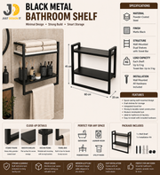 Black Metal Wall-Mounted Bathroom Shelf with Dual Racks for Towels & Accessories