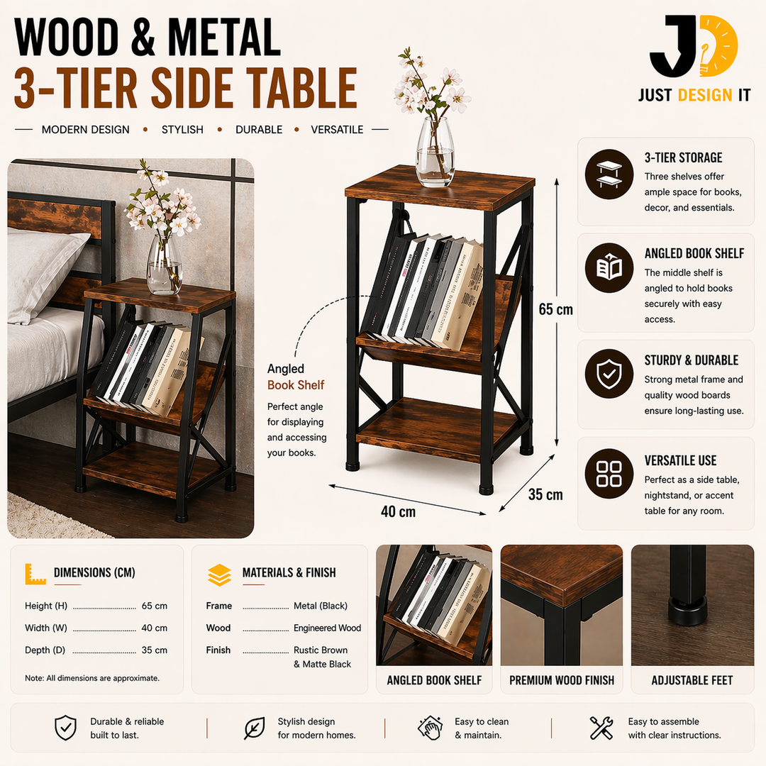 Wood & Metal Side Table with 3 Shelves – Modern Industrial Design