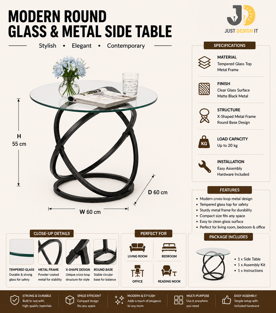 Modern Round Glass and Metal Side Table