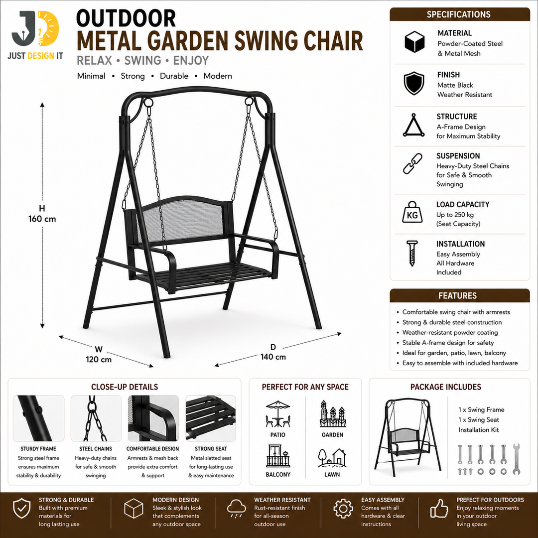 Outdoor Metal Garden Swing Chair with Armrests