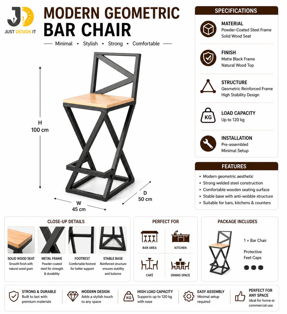 Geometric Metal & Wood Bar Chair
