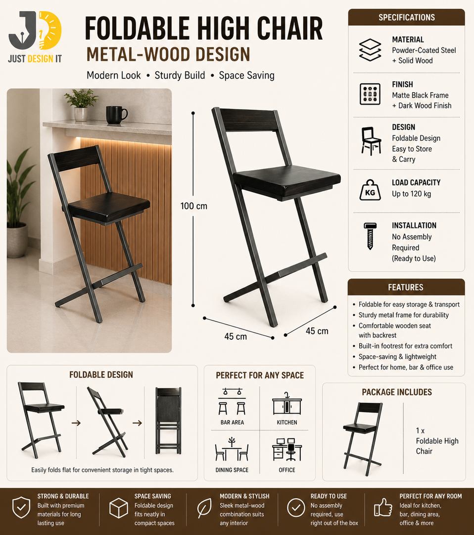Foldable High Chair with Metal-Wood Design