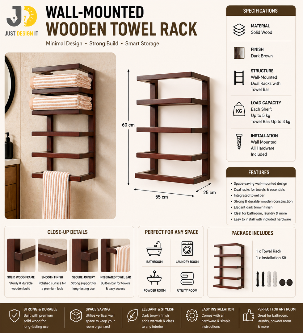 Elegant Wall-Mounted Wooden Towel Rack – Dark Brown