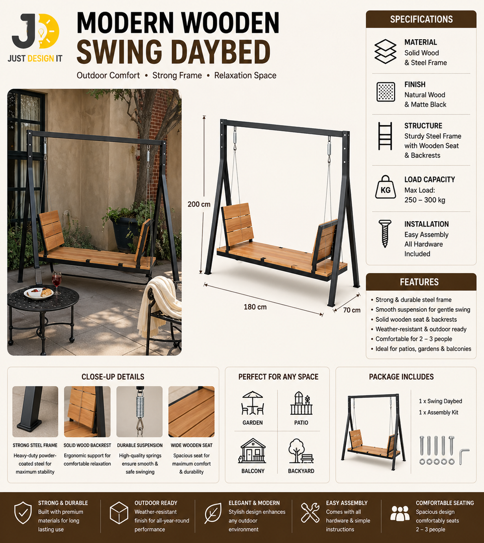 Modern Wooden Swing Daybed with Metal Frame