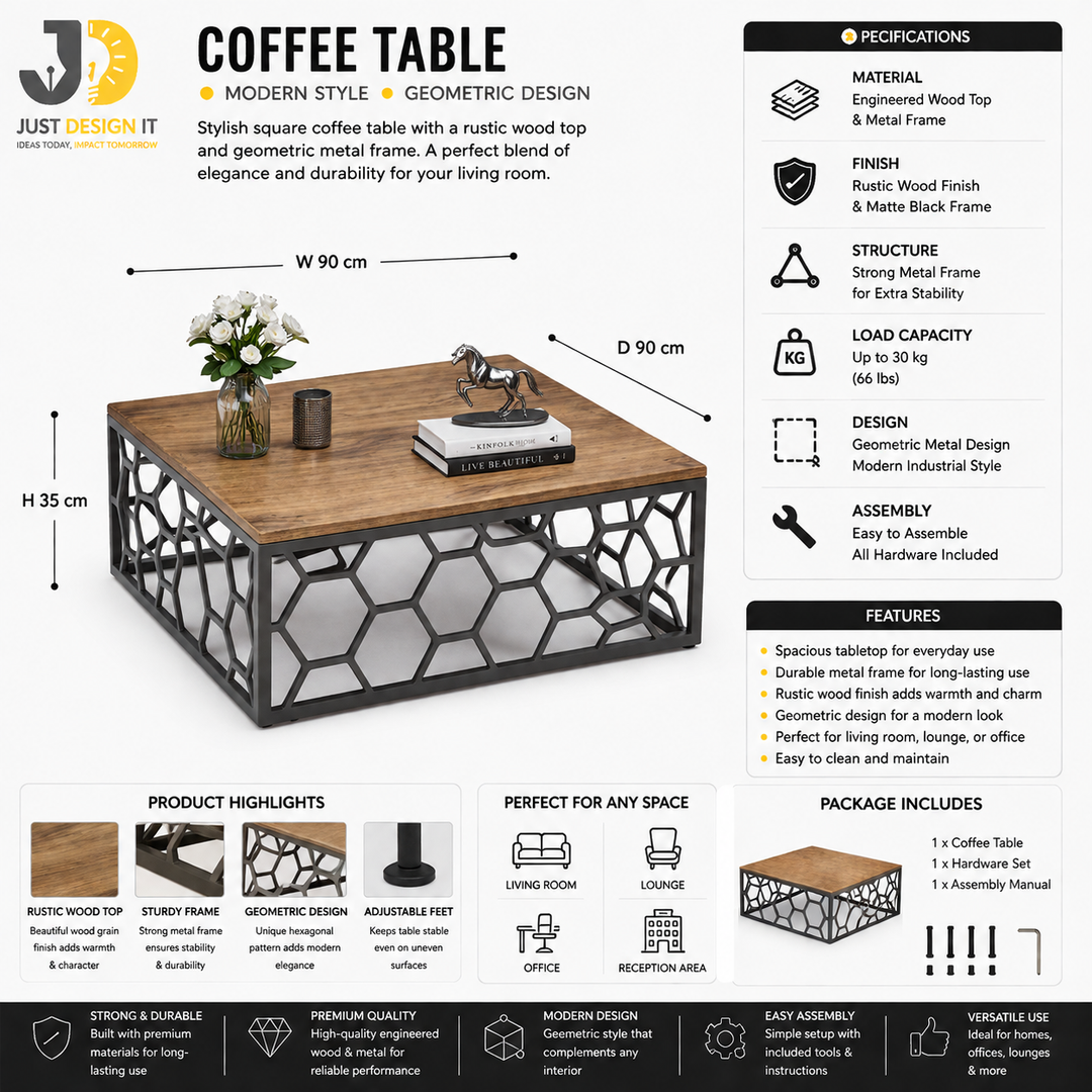 Square Wood and Metal Coffee Table with Geometric Design
