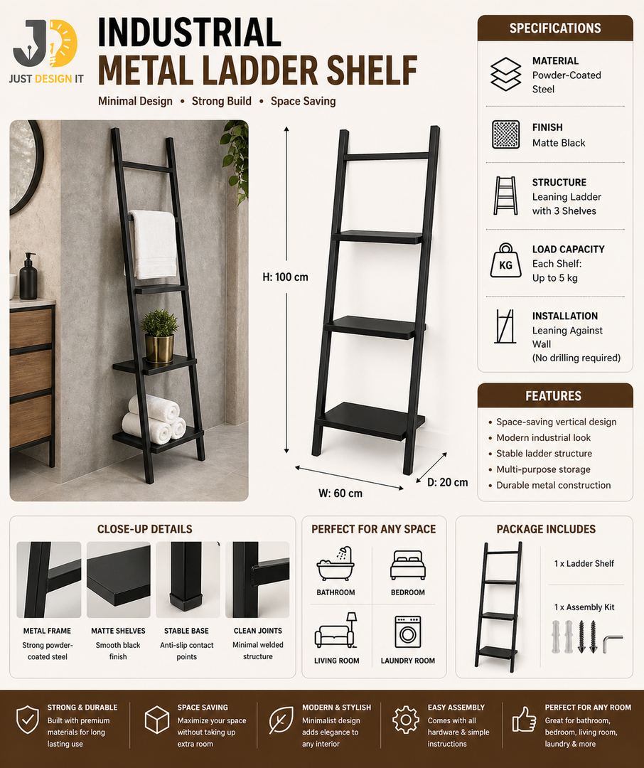 Black Metal Ladder Shelf with Three Wooden Shelves for Storage & Décor