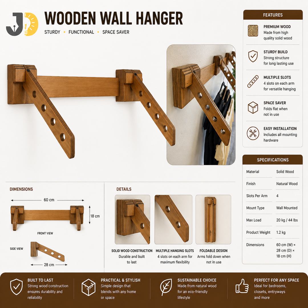 Sturdy wooden wall hanger with multiple slots for easy clothing organization.