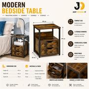 Wood & Metal Bedside Table with 2 Drawers – Modern Industrial Design