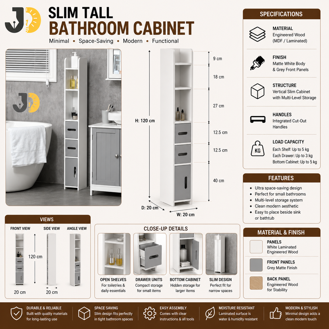 Slim Tall Bathroom Cabinet in White & Grey