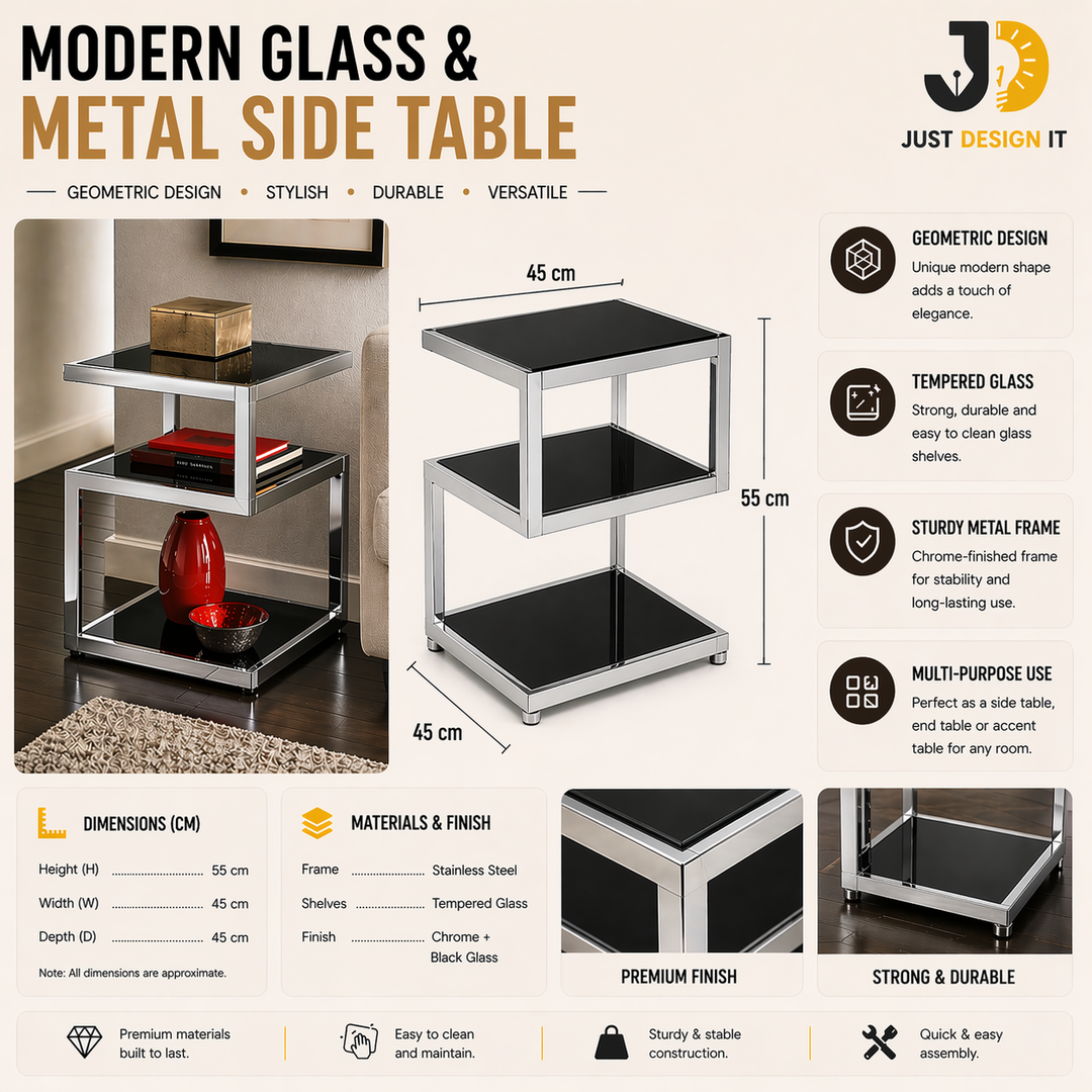 Modern Glass & Metal Side Table – Geometric Contemporary Design