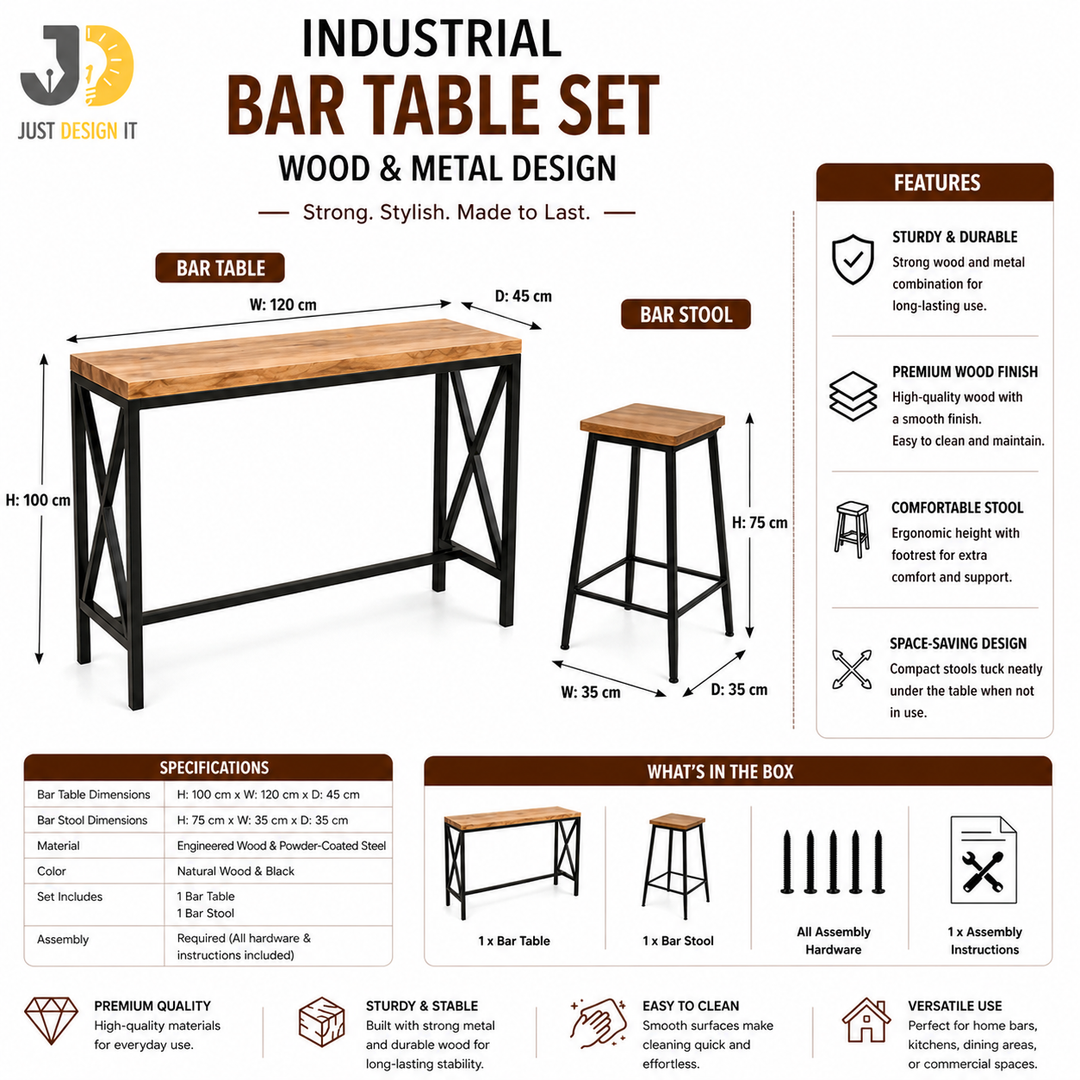 Industrial Wood and Metal Bar Table Set with 4 Stools