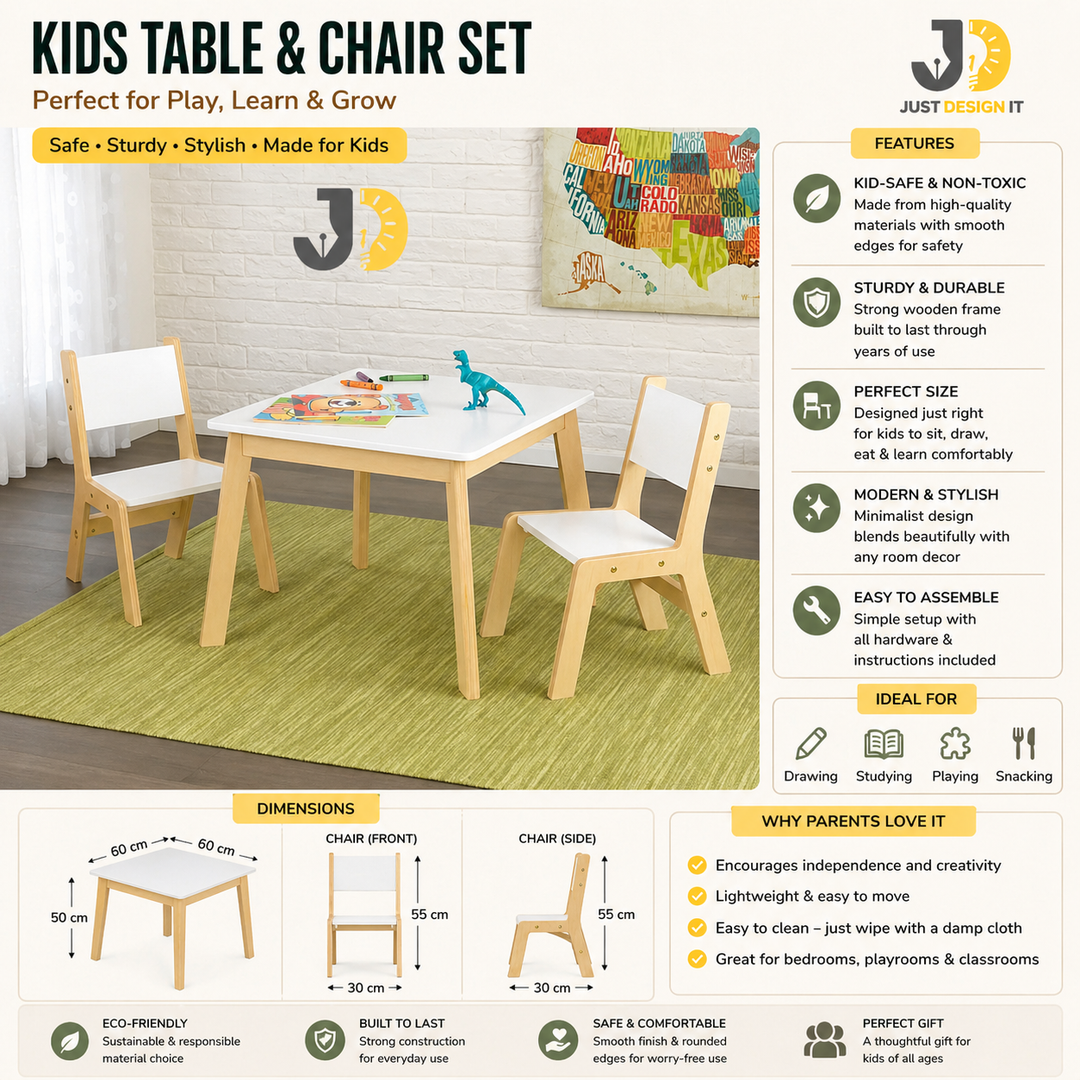 Natural Wood & White Kids Table and Chair Set