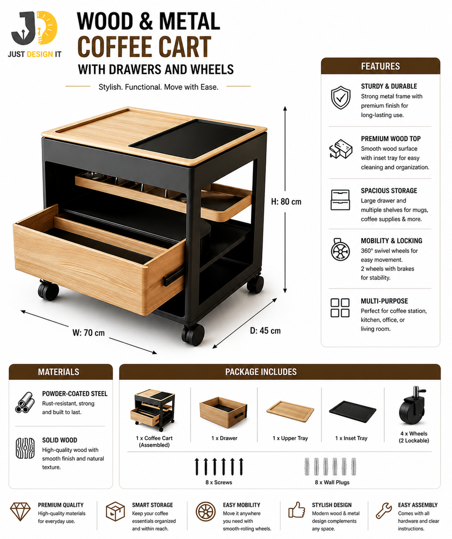 Wood and Metal Coffee Cart with Drawers and Wheels